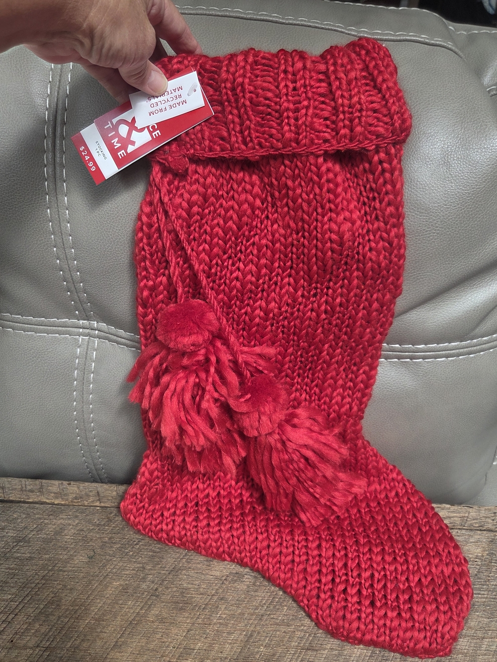 Place & Time Chunky Red Knit Christmas Stocking w/ Tassels/Pompoms ~ Bin 1D